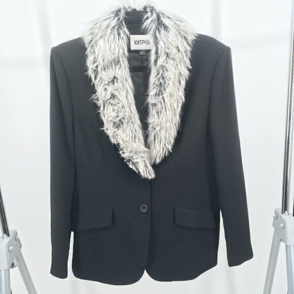 VTG Kasper 100% Wool Removeable Faux Fur Collar Blazer/Light Jacket 12 Black/Tan - Picture 1 of 16